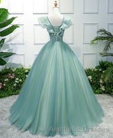 Green V Neck Tulle Long Evening Prom Dresses, Green Evening Prom Dresses